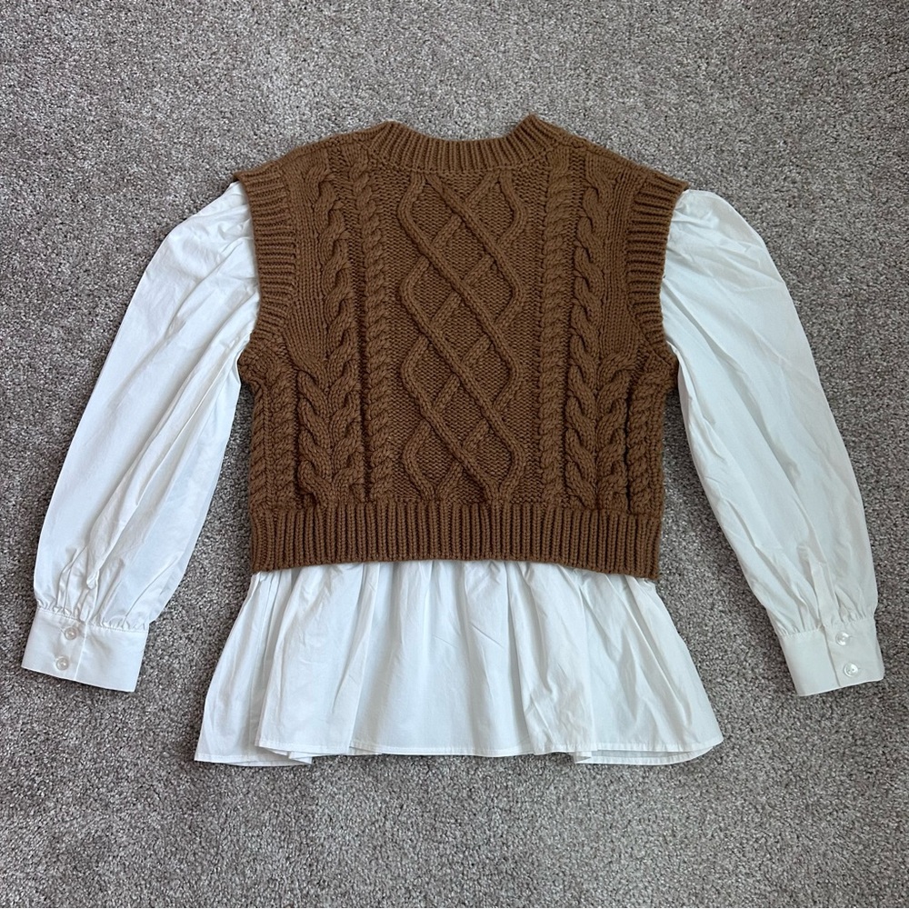 Elan Cable Knit Mixed Media Sweater Vest Top Brown White NWT Small - Picture 10 of 11